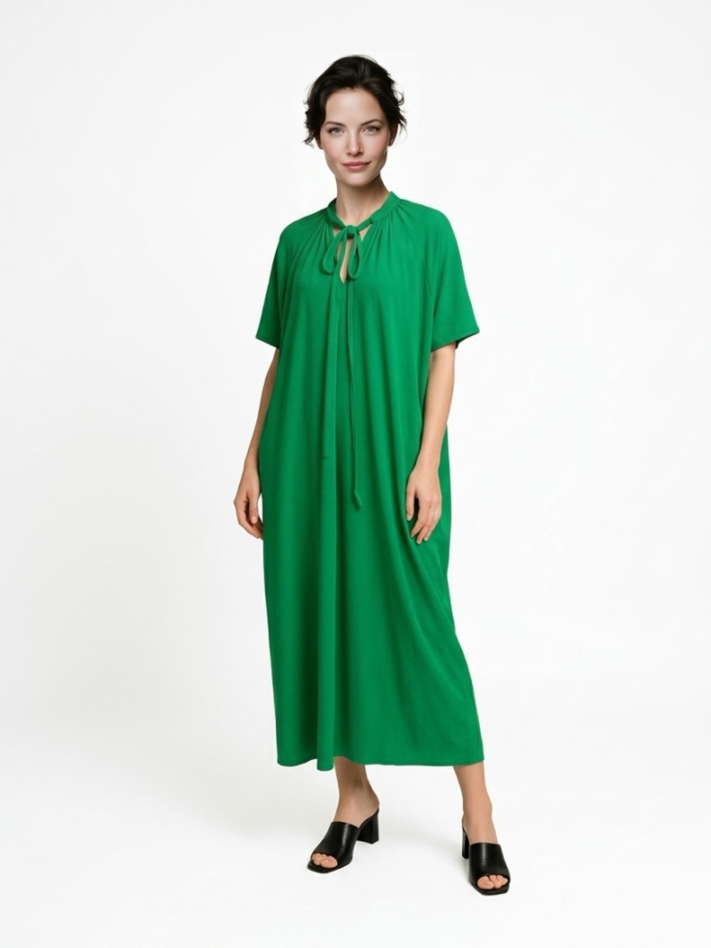 Halston IV Womens Kelly Green Tie Neck Kaftan Maxi Dress Short Sleeve Pockets - Picture 1 of 6